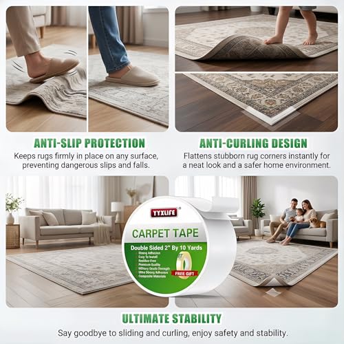 YYXLIFE Double Sided Removable Rug Tape - Carpet Adhesive for Hardwood Floors,Non Slip Anti Curling Floor Tape for Area Rugs,Mats,Carpets - No Residue Strong Hold for Tile, 2Inch x 10Yards,White