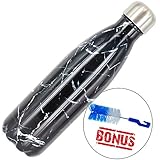 The Refresh Stainless Steel Water Bottle + Bonus Cleaning Brush! Unique and Great Gift Idea for Mom, Dad, Son or Daughter (Black Marble, 17 Oz)
