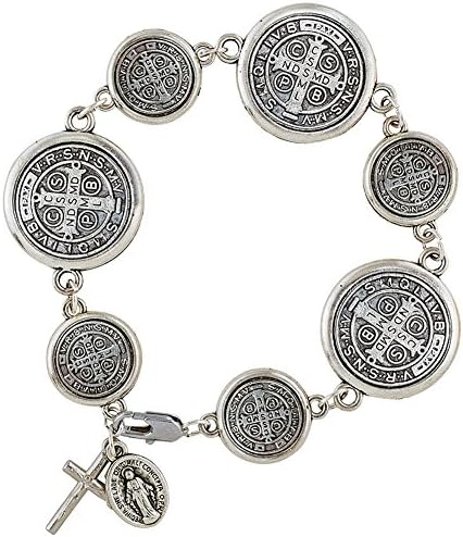 Saint Benedict Coins Christian Bracelet w/ Silvertone Cross - Wards Off Evil