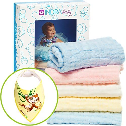 Baby Muslin Washcloths and Towels / Natural Organic Cotton Bath Soft Wipes / Newborn Baby Face Towels / Baby Registry as Shower Gift, 5 Pack + 1 Infant Bandana Bib by Indra Baby