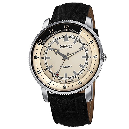 August Steiner Men's AS8124SS Silver Swiss Quartz Watch with White Dial and Black with White Stitching Leather Strap