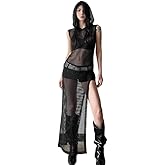 JasmyGirls Rave Outfits for Women Sleeveless Black Fishnet Hooded Dress Y2k Streetwear