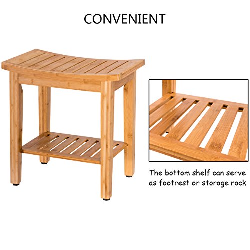 Giantex 18'' Bamboo Shower Bench Seat w/ Storage Shelf Bathroom Seat Spa Bath Organizer Stool Perfect for Indoor Outdoor - Thumbnail 3