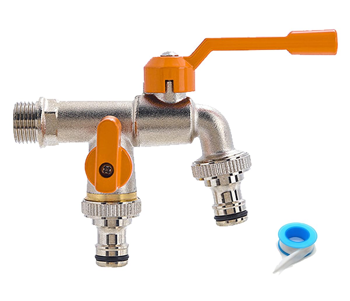Brass Double Water Tap,1/2 inch Double Outlet Garden Tap Rust and Antifreeze Double Output Faucets with 2 Hose Connectors for Garden Washing Machine Rain Barrel