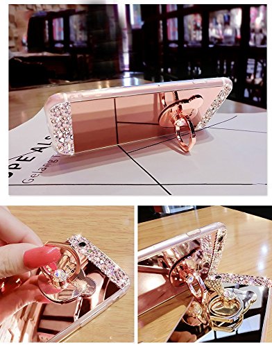 Glitter Case for iPhone 8,Leeook Creative Mirror Effect Diamond Shiny Soft Silicone Case Cover with Bear Ring Kickstand for iPhone 8/7 4.7"-Gold