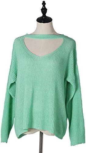 V-Neck Sexy Long Sleeve Choker Casual Loose Blouse Pullover Tops Knit Sweater Women Spring Clothing (M/L, mint green)