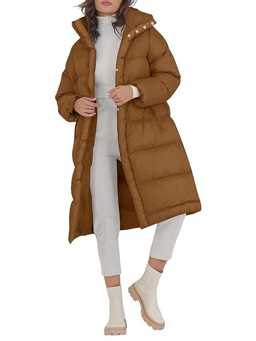 Fazortev Women's Long Puffer Jacket Stand Collar Zip Baggy Down Coats with Side Pockets Outwear