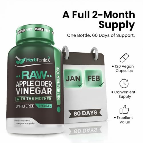 Herbtonics Apple Cider Vinegar Capsules with The Mother 1500mg - 120 High Strength Vegan Capsules - Raw Unfiltered ACV Food Supplement - 2 Month Supply - Non-GMO & Gluten Free
