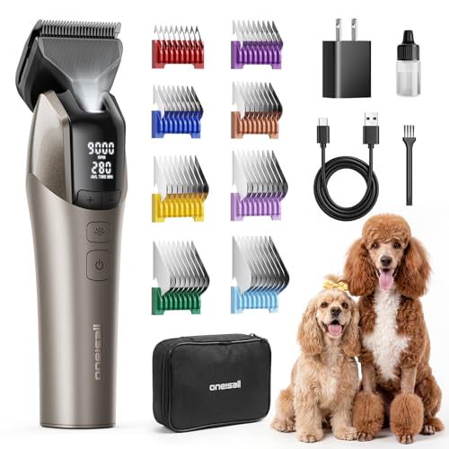 oneisall Professional Dog Grooming Clippers for Thick Hair at Home | 9000RPM, 5-Speed, 5-in-1 DLC Blade, 280-Min Runtime, Low Noise, Magnetic Head, 8 Metal Guide Combs, Cordless, Carrying Case