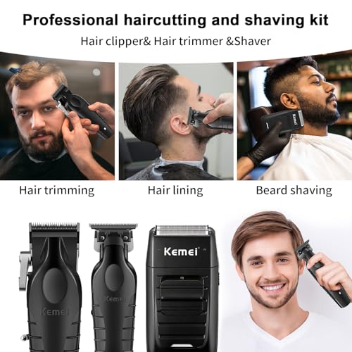 KEMEI Professional Men's Hair Clipper Cordless Hair Clipper with T Blade, Foil Razor, Electric Shaving and Cutting Kit with 11 Guide Combs