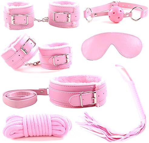 Yersery 7 PCS Bed Restraints Kit Adjustable Fur Leather Wrist Ankle Cuffs Toys,Pink,ONE Size