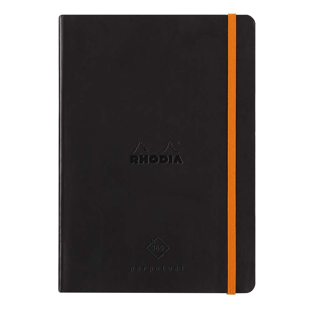 RHODIA 117182C - Soft Notebook Diary Perpetual Perpetual Black - A5 - 128 pages - 90G Ivory Clairefontaine Paper - Index, Elastic Closure - Faux Leather Cover - Rhodiarama Collection