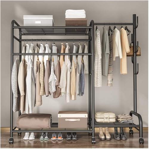 Clothes Hanger Stand with Shelves, Garment Rack, Free Standing Metal Clothing Hanging Rack, Single Rail, Wardrobe Top&Bottom Storage Shelf, Shoes Handbags Baskets, Bedroom Garment Organizer (A-Black)