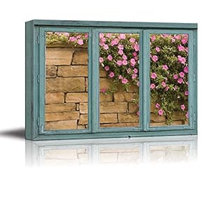 Brick Wall with Pink and Green Flowers Cascading Down The Stone face - Canvas Art Home Art - 24x36 inches