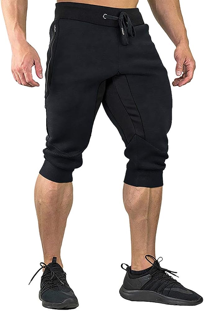 FASKUNOIE Men's Cotton Casual Shorts 3/4 Jogger Capri Pants Breathable Below Knee Home Lounge Short Pants with Three Pockets: Clothing
