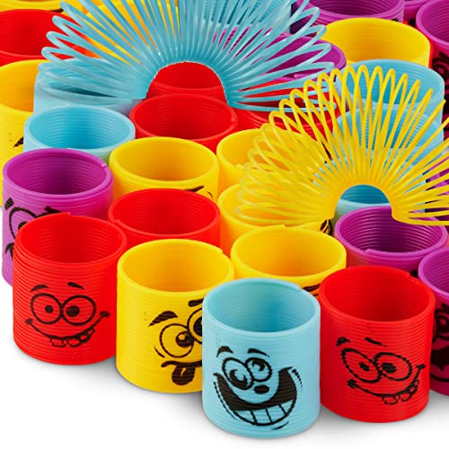 Mega Pack of 50 Coil Springs for Kids Assorted Emoji Silly Faces and Colors, Mini Plastic