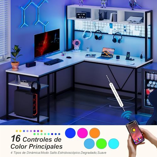 Escritorio en L,Escritorio Gamer con Regleta y Tira LED,Reversible con Estante Escritorios L,Escritorios Gamer en L con Espacio de Almacenamiento.(Blanco)