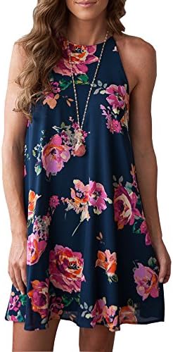 Inspop Women's Halter Neck Boho Floral Print Chiffon Casual Sleeveless Short Dress (XL, Dark Blue)