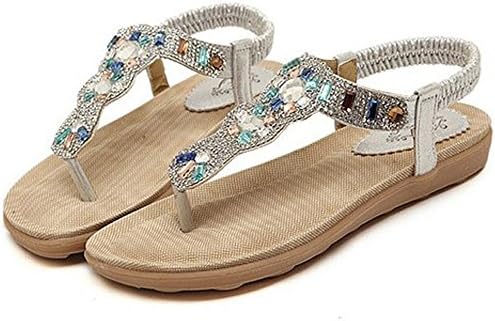 Women Summer Colorful Crystal T-strap Rhinestone Flat Flip-flop Sandals Chic Beach Pool Shoes Lladies Beaded Sandals Size 9(9 US/EU 40, Silver)