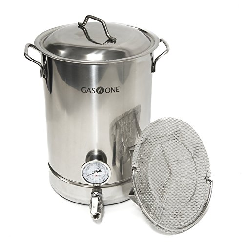 GasOne 32QT - 8 Gallon Stainless Steel Home Brew Pot Brew Kettle Set 32 Quart TRI PLY Bottom for Beer Brewing Includes Lid Ball Valve Thermometer False Bottom Mesh Tube Tool Complete Kit ...