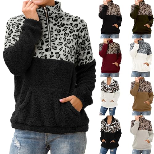 Nuaoxyeu ladies sweatshirt size 14 Womens Teddy Fleece Sweatshirts Leopard Print Top Warm Quarter Zip Jumper Winter Long Sleeve Pullover Warm Fluffy Jacket with Pocket sweater for women uk