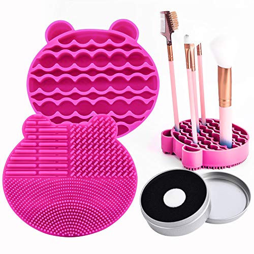 Silicon Makeup Brush Cleaning Mat with Brushes Drying Holder Portable Bear Shaped Cosmetic Brush Cleaner Pad+ Makeup Brush Dry Cleaned Quick Color Removal Sponge Scrubber Tool (Rose Red)