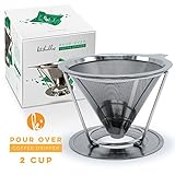 Pour Over Coffee Maker Drip Cone - Personal Stainless Steel Metal Home Brewer With Stand. Eco-friendly, Paperless, Dual Micro Mesh Cones for the Best Brewed Coffees (2 Cup)