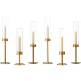 Hewory Gold Candlestick Holders: 6PCS Glass Hurricane with Brass Base | Elegant Tall Taper Candle Holders at 3 different heights, Table Centerpiece for Wedding, Party, Ralph Lauren Christmas Decor