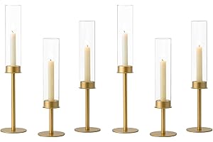 Hewory Gold Candle Holders - 6Pcs Brass Hurricane Candlestick Holders with Glass Candle Cover for Wedding Table Centerpiece Christmas Decor