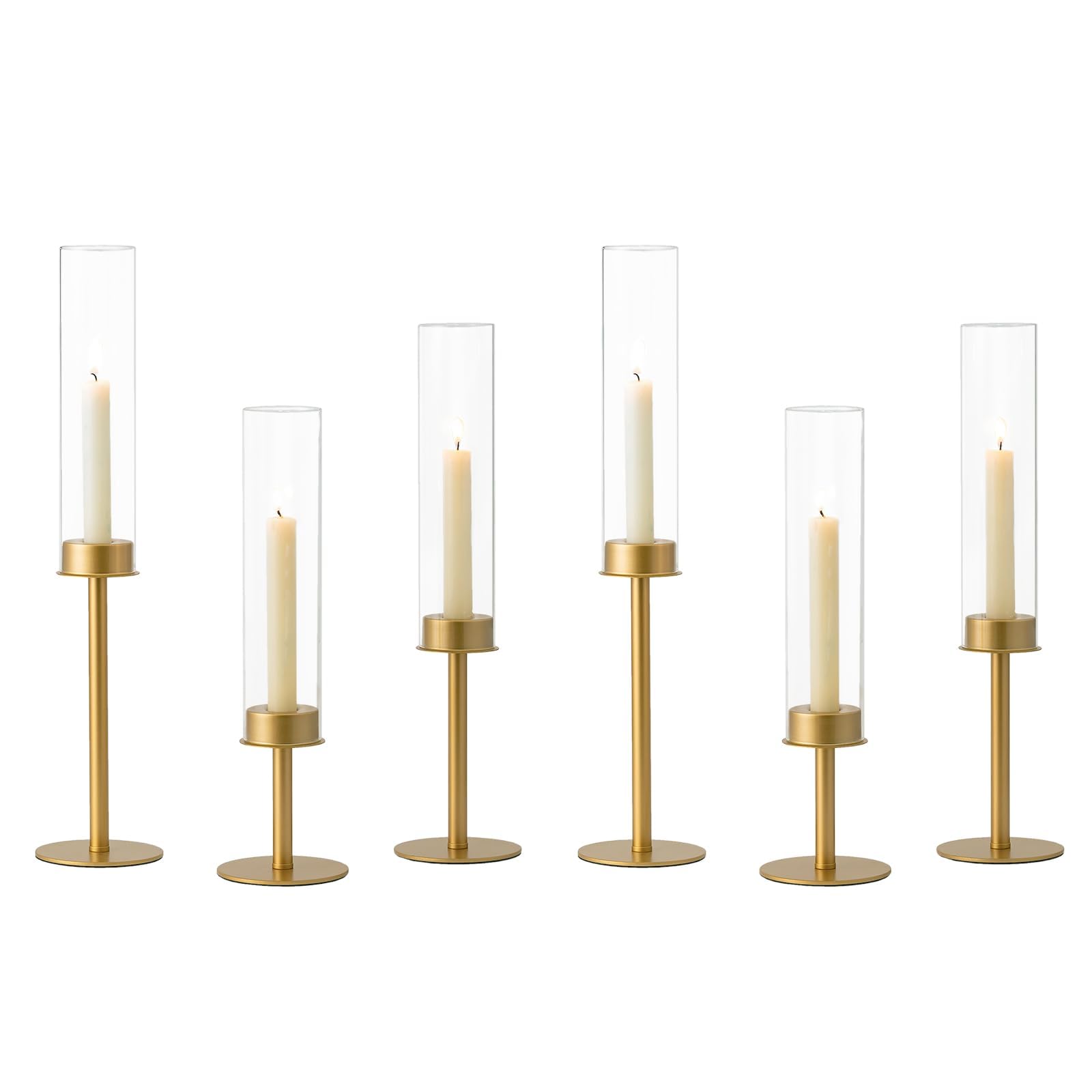 Photo 1 of Hewory Gold Candle Holders Hurricane Candlestick Holders, 6Pcs Brass Candle Stick Candle Holder Candelabra, Taper Candle Holders with Glass Candle Cover for Wedding Table Centerpiece Christmas Decor
