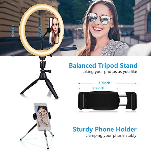 LED 10” Ring Light with Tripod Stand & Phone Holder for Tik Tok & Live Streaming, Dimmable USB Powered Desktop Makeup Ring Lights with 3 Color & 10 Brightness for Youtube Video Photography Shooting