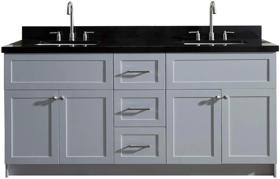 DKB Bradford Series 73" Inch Double Rectangle Sink Bathroom Vanity Cabinet in Grey | Absolute Black Granite Countertop | 4 Soft Closing Doors | 3 Full Extension Dovetail Drawers | No Mirror
