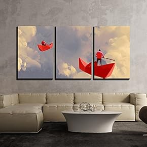 3 Piece Canvas Wall Art - Illustration - Men on Origami Red Paper Boats Floating in The Cloudy Sky - Modern Home Art Stretched and Framed Ready to Hang - 16"x24"x3 Panels