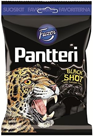 Fazer Pantteri ('Panther') - Black Shot - Salmiak - Salmiakki - Salty Licorice - Wine Gums - Candy - Bag 160g. (Finland)
