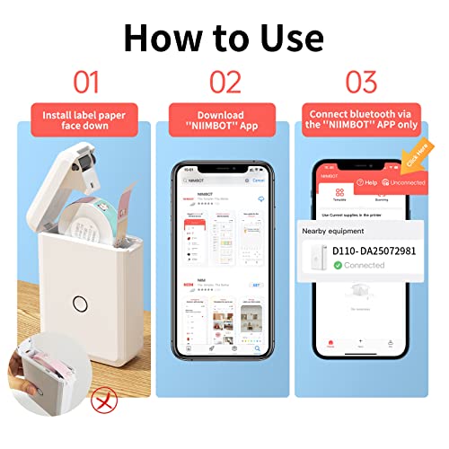 Label Maker D110 Portable Wireless Connect Rechargeable Mini Sticker Printer with 0.59x1.18 Inches Labels for Phone Compatible School Office Home Organization White