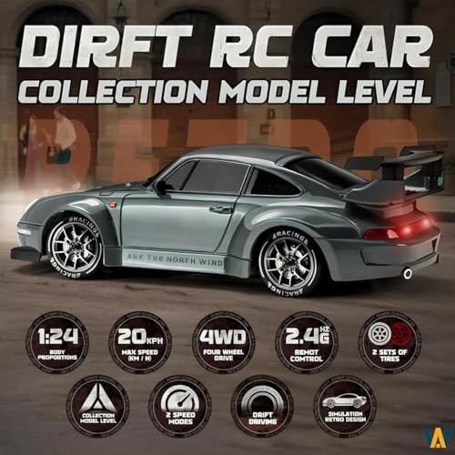 Drift RC Car 1:24 Scale – 4WD High-Speed Remote Control Racing Car with LED Flashing Lights, All-Terrain Dual Tires, USB Charging & Accessories for Ultimate Drifting Fun(Dual batteries)