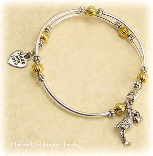 Mom to Be Stork Wrap Bracelet Handmade Themed Charm Bracelet Jewelry Gift. Gold, Silver or Black Bead Option