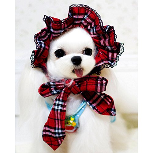 BUYITNOW Pet Plaid Lace Hat with Ears Holes Party Maid Costume Headwear for Small Large Dogs and Cats