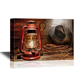 Retro Style Canvas Wall Art - Vintage Kerosene Lantern Lamp Illuminating American West Rodeo Cowboy Gear - Gallery Wrap Modern Home Art | Ready to Hang - 12x18 inches