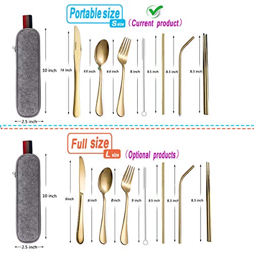 Travel flatware set with Case Stainless Steel silverware Tableware Set,Include Knife/Fork/Spoon/Straw (Portable Gold)
