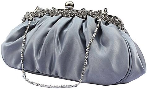 Womens Satin Evening Bags and Clutches Beaded Wedding Party Prom Purses Gray JY39