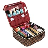 WODKEIS Makeup Case Cosmetic Bag Professional Train Case Large Makeup Box Make Up Storage Organizer with Removable Dividers & Brush Section for Women Girls Travel, PU Leather, Hard Shell,Brown