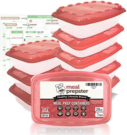 Meal Prep Containers (1 Compartment) Certified BPA Free - Food Safe Reusable Microwavable Stackable Plastic Storage Vegan Diet Fitness Lunch Boxes Cute Red Airtight Lids (28 OZ) + 5 Planners (7 Pack)