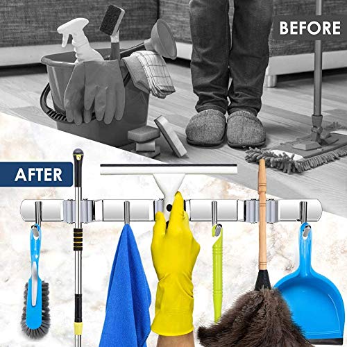 VIAV 2 Pack Mop Holder Wall Mounted, Stainless Steel Broom Hanger with 3 Position 4 Hooks, Garage Tools Organizer Rack Storage for Kitchen Bathroom Garden