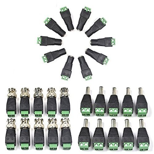 Blluecell 20 pack of 2.1x5.5mm Female and Male DC Power Adapter Connector for CCTV Camera Use+10 Pack Coaxial Camera Vedio BNC Male Balun Connector for Coax CAT5 to CCTV(30 pcs)