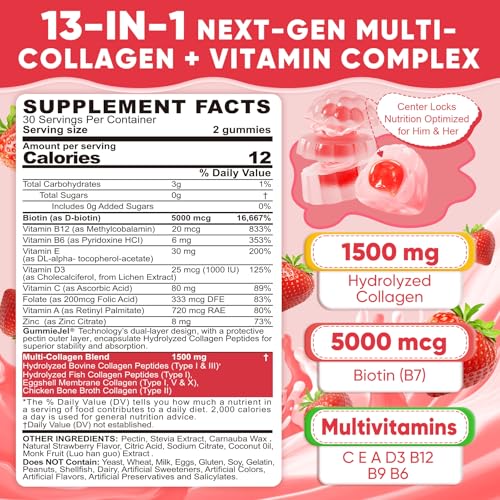 Collagen Peptide Gummies for Women & Men Sugar-Free, Multi Collagen Hydrolyzed w/ 1500mg Protein Type I,II,III,V,X, 5000mcg Biotin, Methylated B12, Vitamin C A E D3 B6 for Skin Hair Nails, Bone, 60Cts