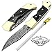 Buffalo Horn 5.5'' Custom Handmade Damascus Steel Double Brass Bloster with Sharpening Rod Folding Pocket Knife Back Lock 100% Prime Quality Come with Leather Sheath