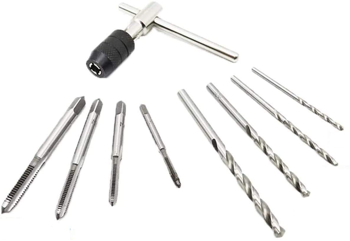 MEETOZ M3-M6 Adjustable T-handle Tap Wrench + 4 pcs M3 M4 M5 M6 Machine Screw Metric Thread Plug Taps Set + 4 pcs Drill Bits Set