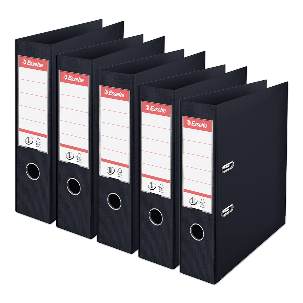Esselte, A4 Lever Arch File, 75 mm Spine, 500 sheets Capacity, PP, Plastic Cover, No. 1 Mechanism, Files & Folders, Black, 5 Pack, 162570