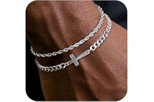 RANKEEF Christmas Gifts 2Pcs Mens Silver Bracelet with Cross Sturdy Stainless Steel Bracelets for Men Non Tarnish Adjustable 